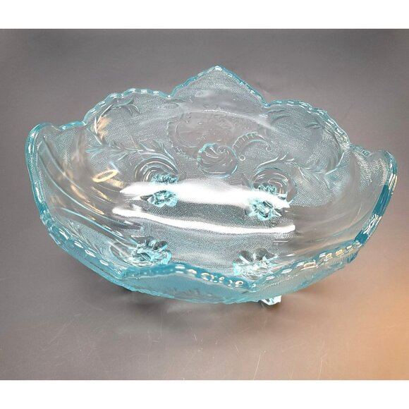 Blue Glass Bowl Jeannette Lombardi Floral Oval Footed Dish DD19 - Picture 3 of 7